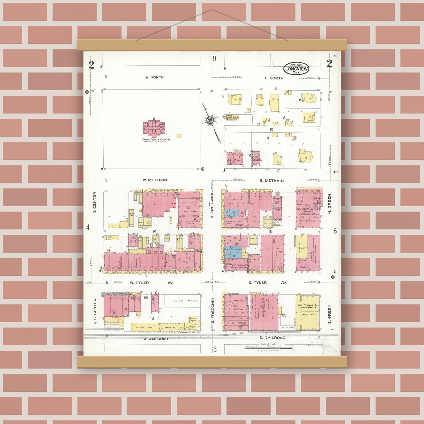 Old map wall art mockup — magnetic wood frame on brick wall — Sanborn Fire Insurance Map from Longview, Gregg County, Texas (1923), Sheet #0002