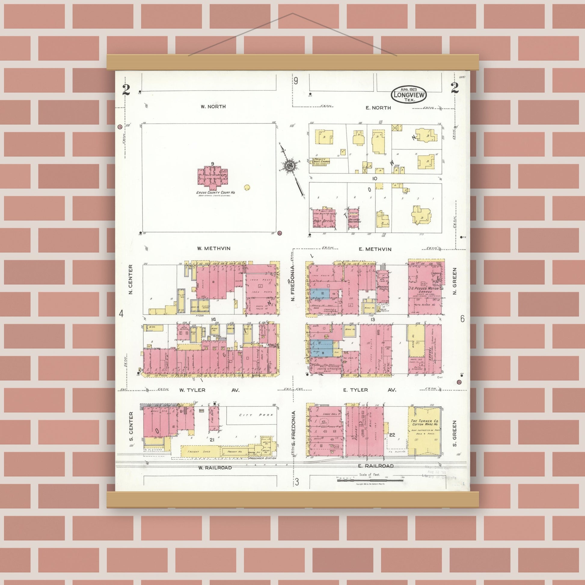 Old map wall art mockup — magnetic wood frame on brick wall — Sanborn Fire Insurance Map from Longview, Gregg County, Texas (1923), Sheet #0002