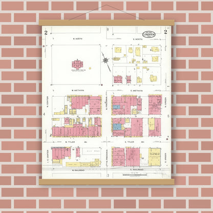 Old map wall art mockup — magnetic wood frame on brick wall — Sanborn Fire Insurance Map from Longview, Gregg County, Texas (1923), Sheet #0002