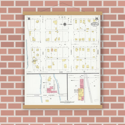 Old map wall art mockup — magnetic wood frame on brick wall — Sanborn Fire Insurance Map from Momence, Kankakee County, Illinois (1924), Sheet #0011