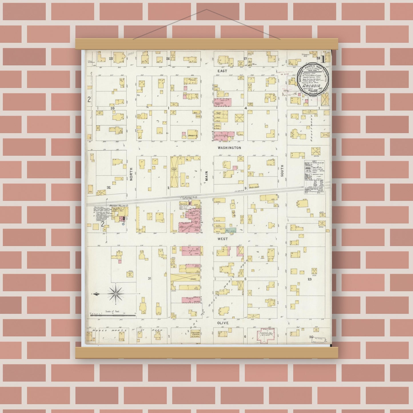Old map wall art mockup — magnetic wood frame on brick wall — Sanborn Fire Insurance Map from Arcadia, Hamilton County, Indiana (1896) - Complete Map Set