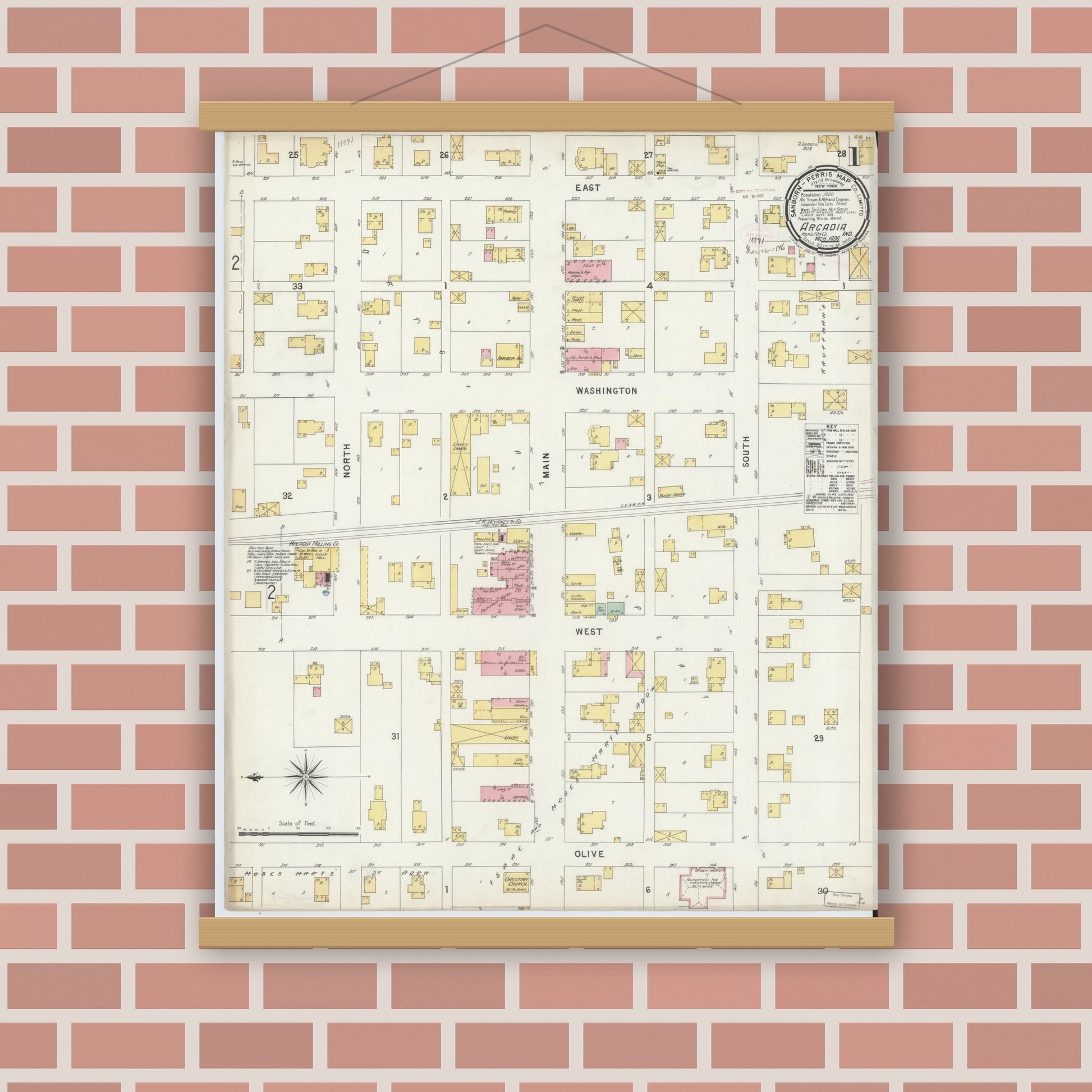 Old map wall art mockup — magnetic wood frame on brick wall — Sanborn Fire Insurance Map from Arcadia, Hamilton County, Indiana (1896) - Complete Map Set