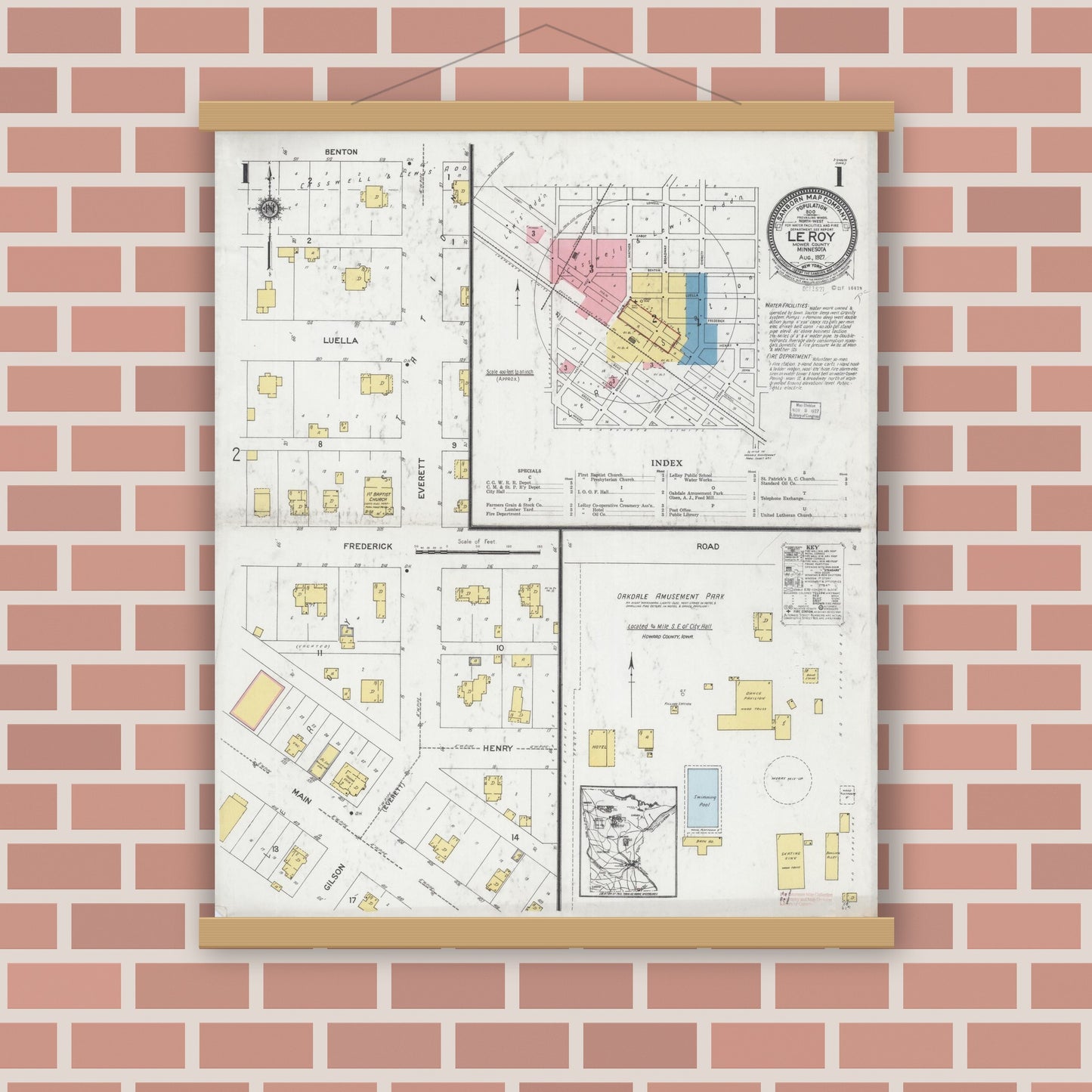 Old map wall art mockup — magnetic wood frame on brick wall — Sanborn Fire Insurance Map from Le Roy, Mower County, Minnesota (1927) - Complete Map Set