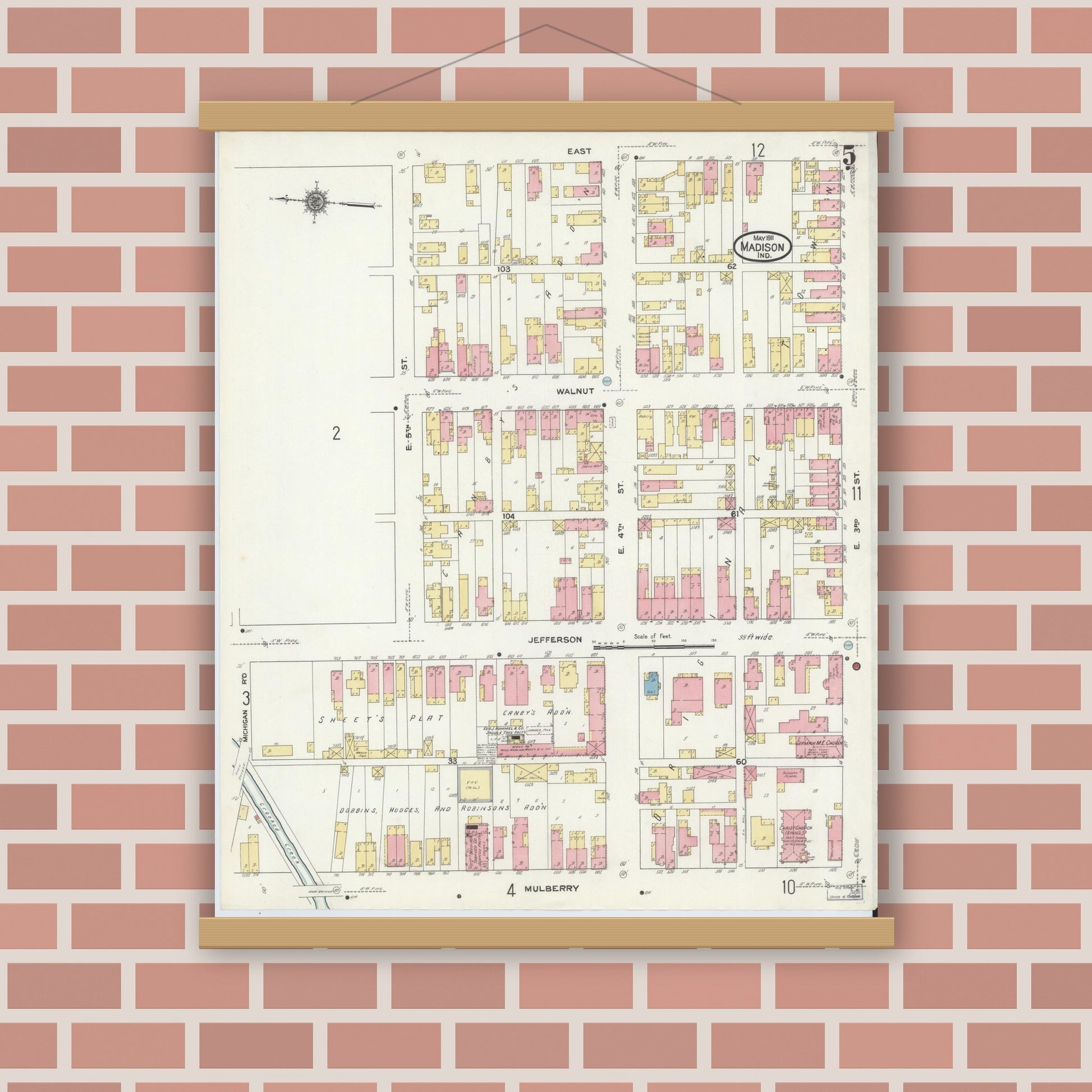 Old map wall art mockup — magnetic wood frame on brick wall — Sanborn Fire Insurance Map from Madison, Jefferson County, Indiana (1911), Sheet #0005