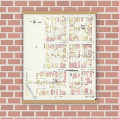 Old map wall art mockup — magnetic wood frame on brick wall — Sanborn Fire Insurance Map from Madison, Jefferson County, Indiana (1911), Sheet #0005