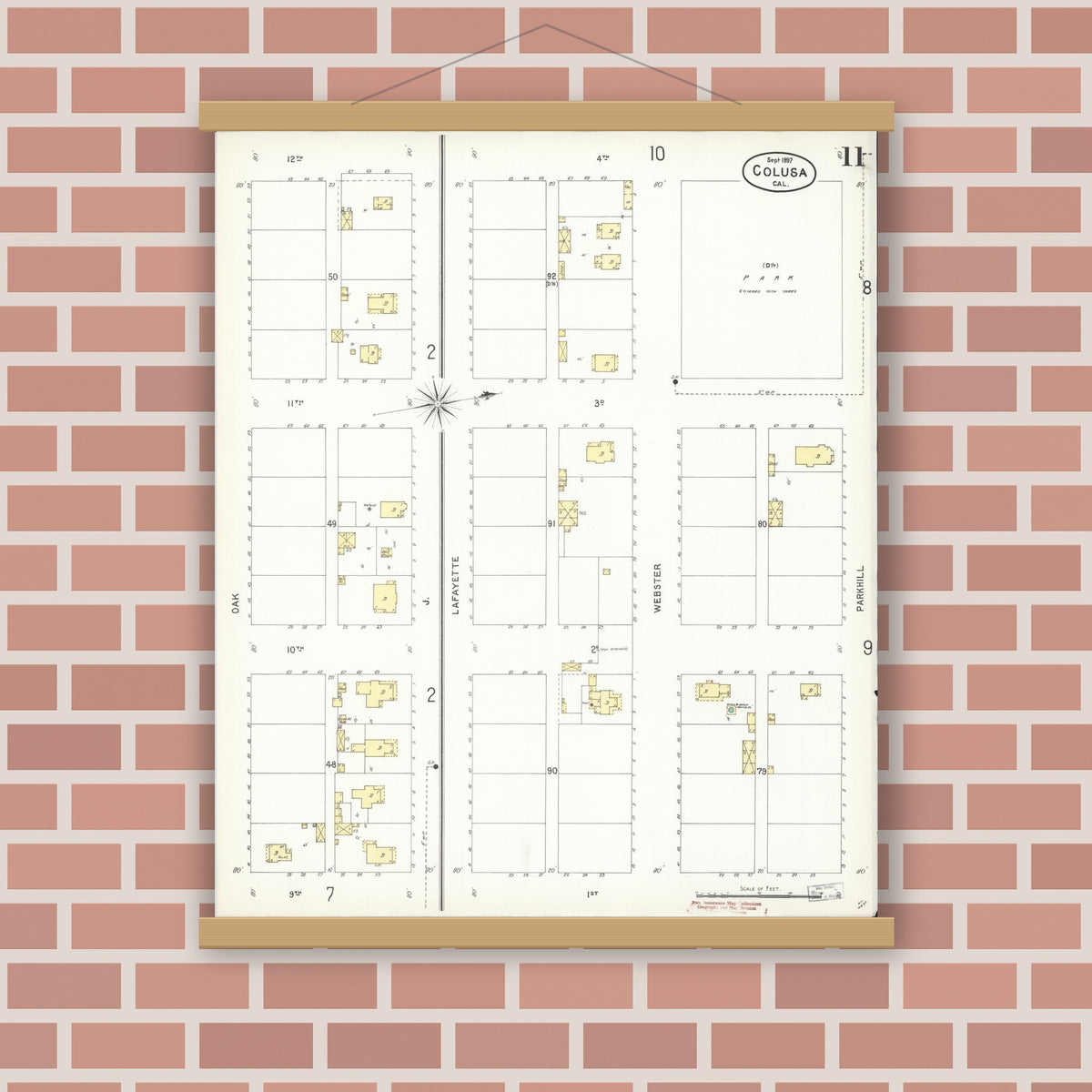 Old map wall art mockup — magnetic wood frame on brick wall — Sanborn Fire Insurance Map from Colusa, Colusa County, California (1897), Sheet #0011