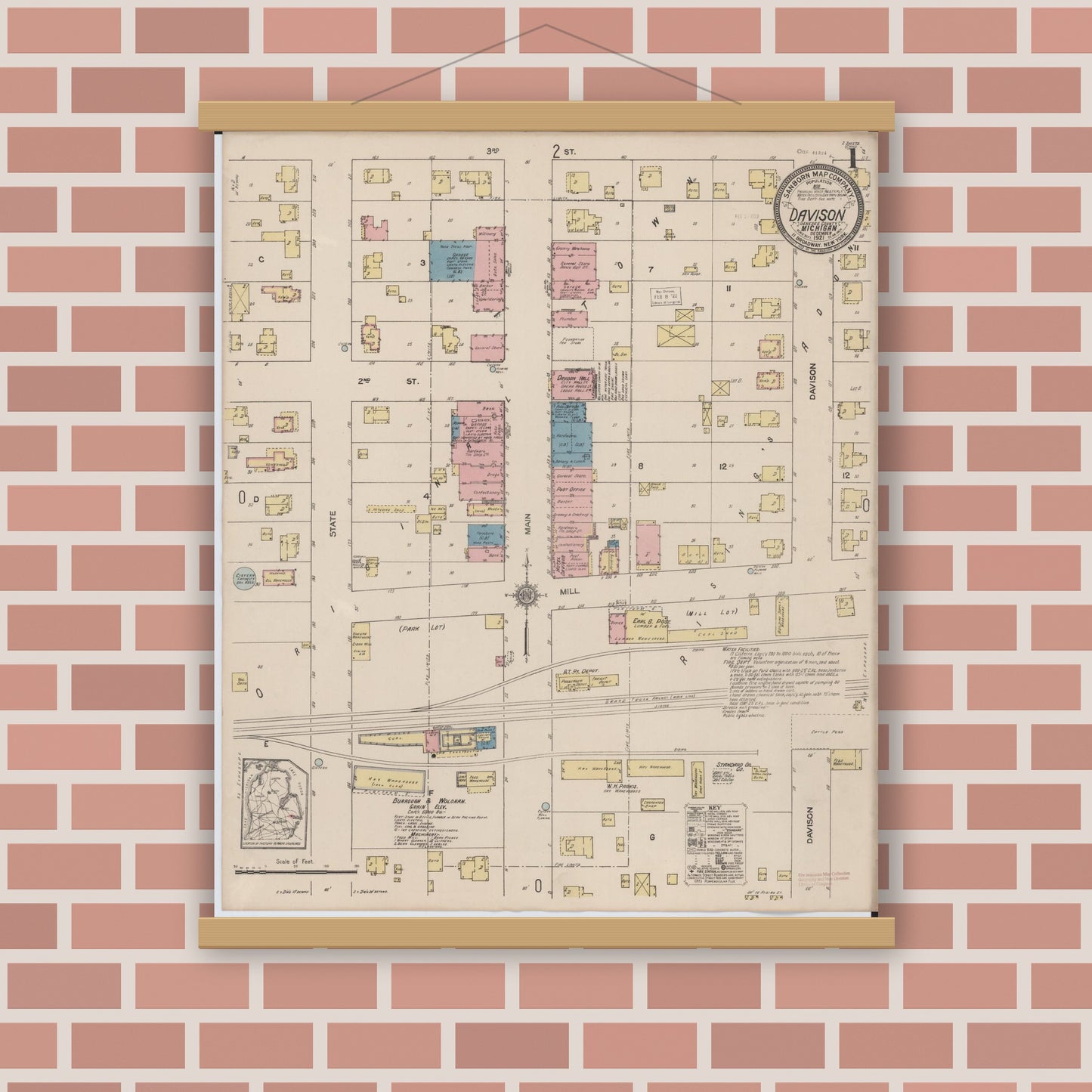 Old map wall art mockup — magnetic wood frame on brick wall — Sanborn Fire Insurance Map from Davison, Genesee County, Michigan (1921) - Complete Map Set