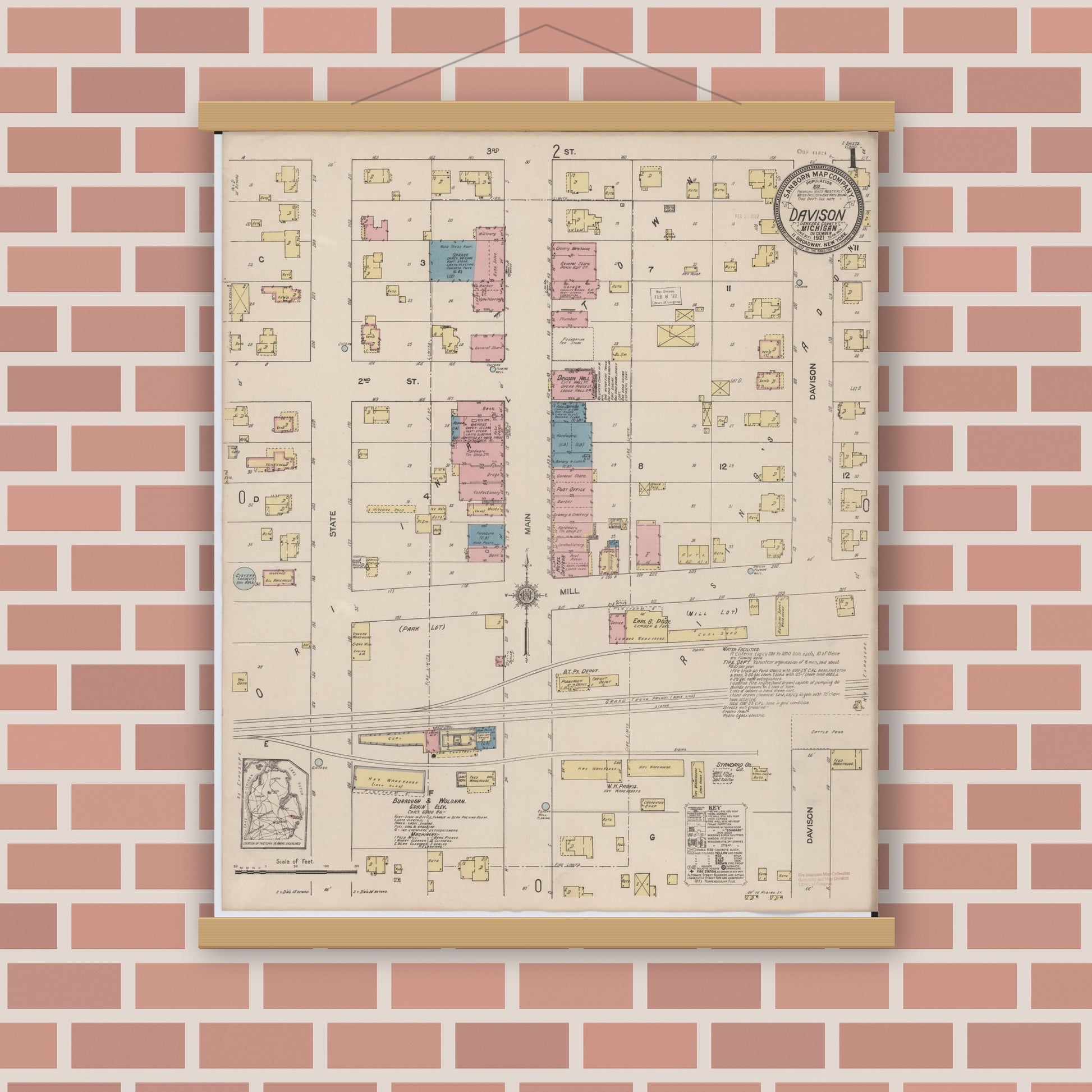 Old map wall art mockup — magnetic wood frame on brick wall — Sanborn Fire Insurance Map from Davison, Genesee County, Michigan (1921) - Complete Map Set