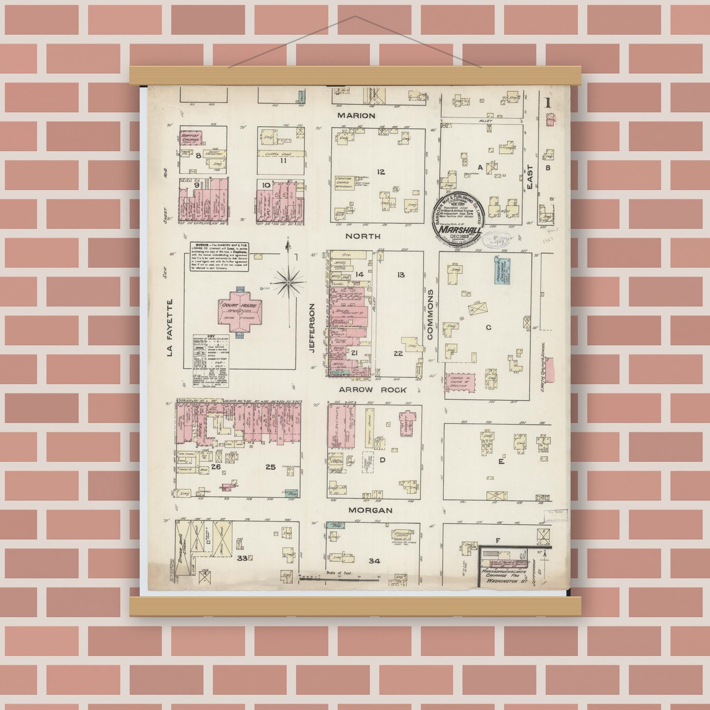 Old map wall art mockup — magnetic wood frame on brick wall — Sanborn Fire Insurance Map from Marshall, Saline County, Missouri (1883) - Complete Map Set