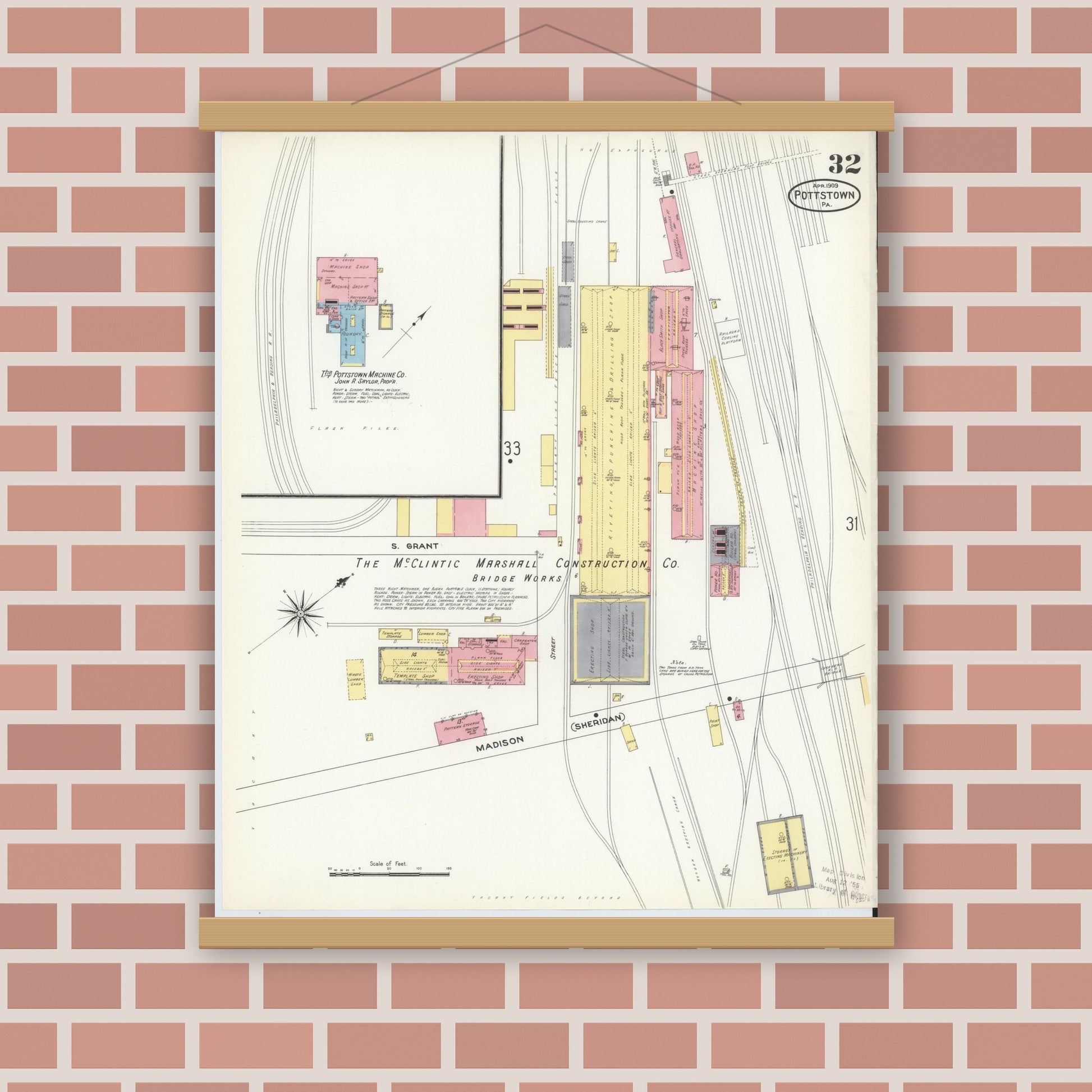 Old map wall art mockup — magnetic wood frame on brick wall — Sanborn Fire Insurance Map from Pottstown, Montgomery County, Pennsylvania (1909), Sheet #0032