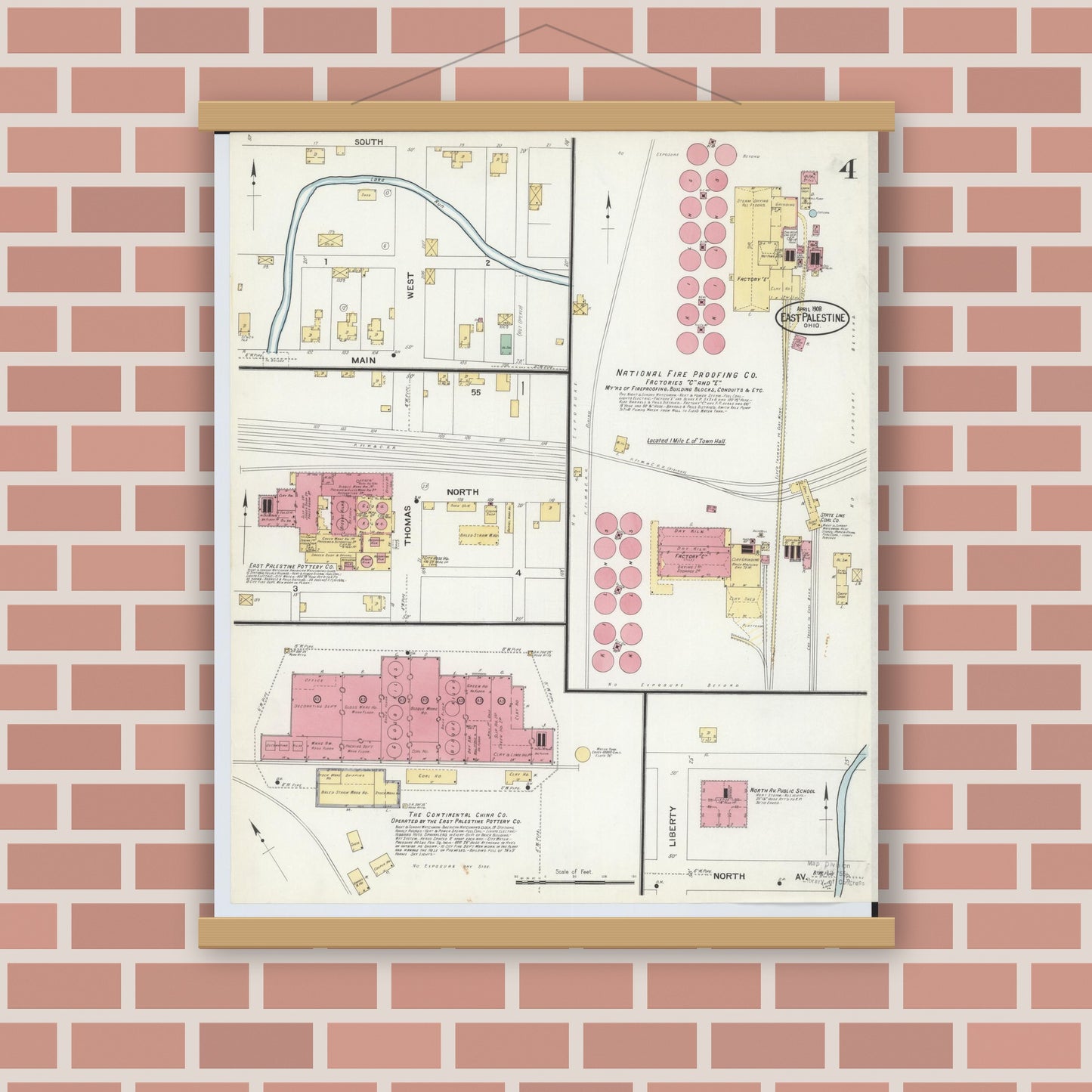 Old map wall art mockup — magnetic wood frame on brick wall — Sanborn Fire Insurance Map from East Palestine, Columbiana County, Ohio (1908), Sheet #0004