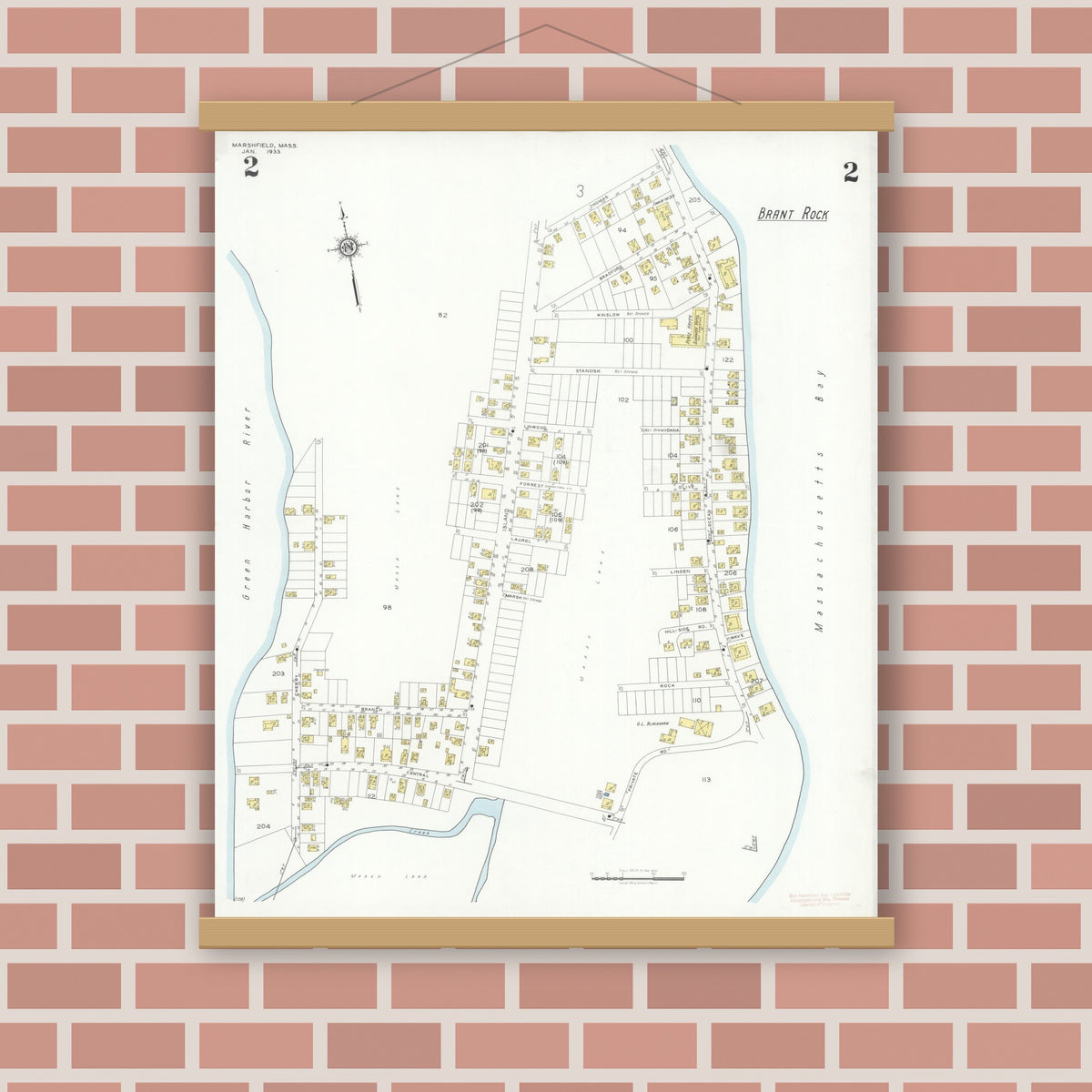 Old map wall art mockup — magnetic wood frame on brick wall — Sanborn Fire Insurance Map from Marshfield, Plymouth County, Massachusetts (1933), Sheet #0002