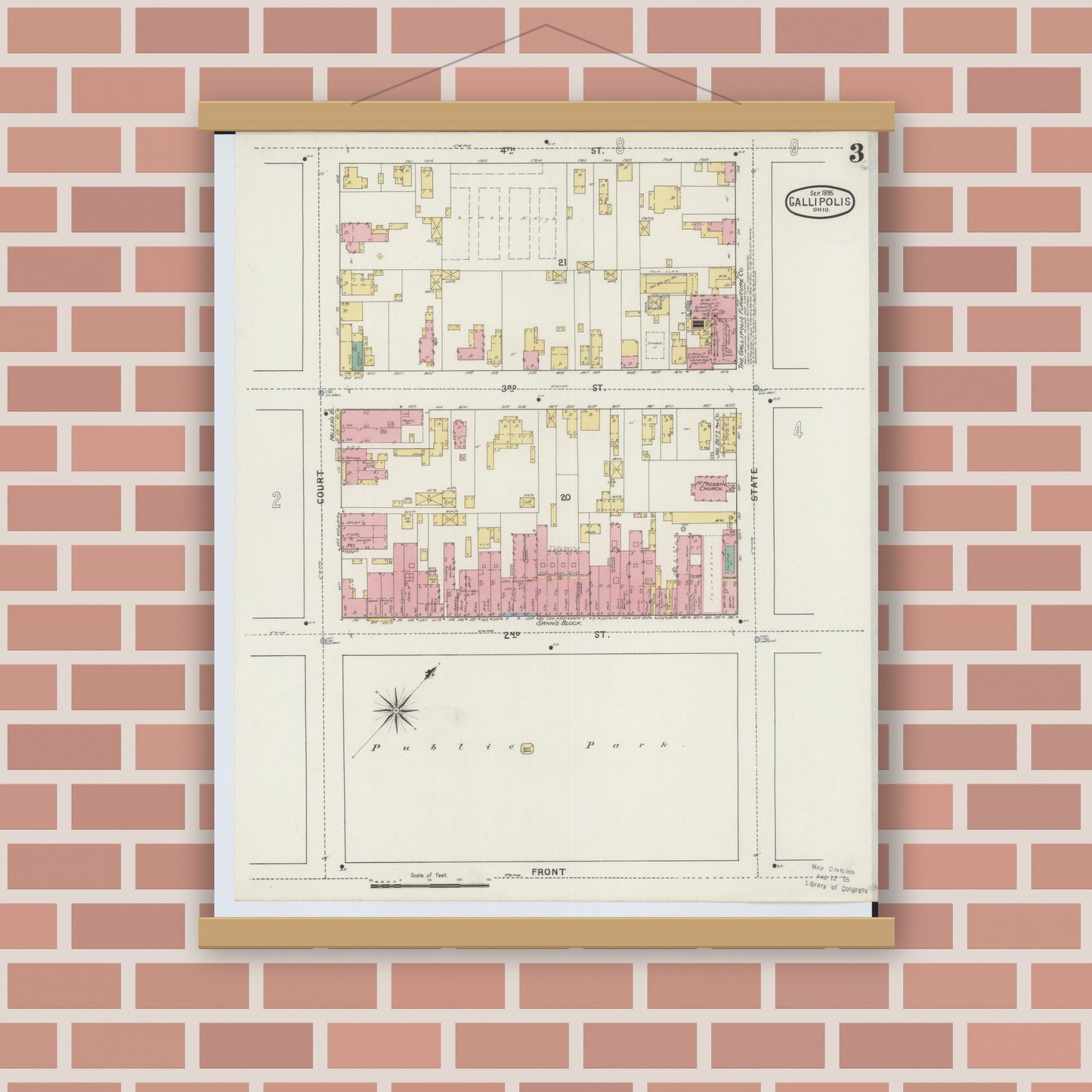Old map wall art mockup — magnetic wood frame on brick wall — Sanborn Fire Insurance Map from Gallipolis, Gallia County, Ohio (1895), Sheet #0003