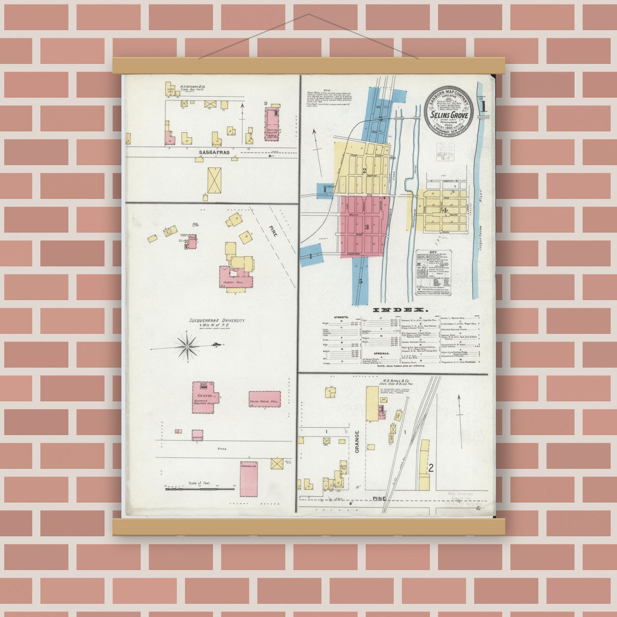 Old map wall art mockup — magnetic wood frame on brick wall — Sanborn Fire Insurance Map from Selins Grove, Snyder County, Pennsylvania (1905) - Complete Map Set