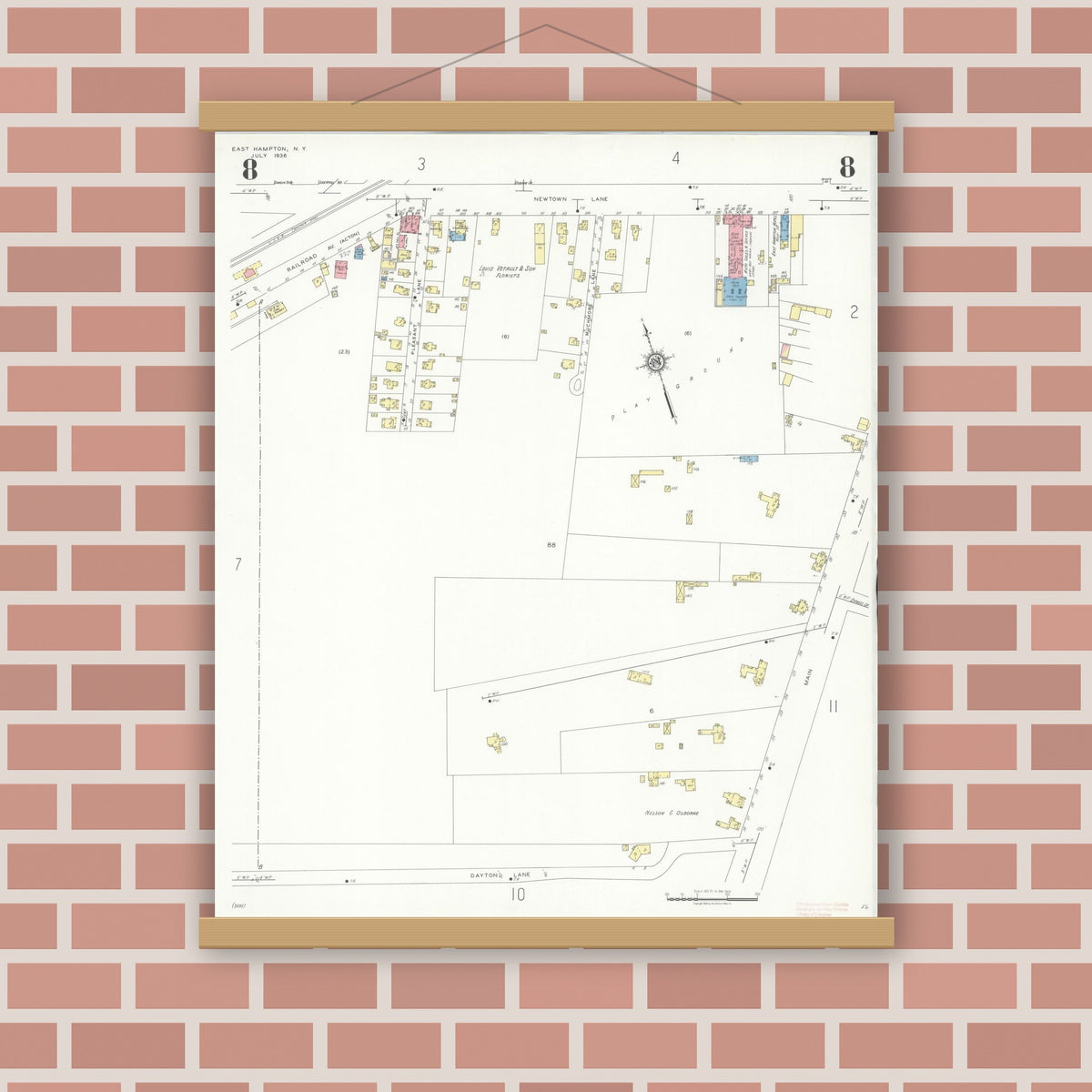 Old map wall art mockup — magnetic wood frame on brick wall — Sanborn Fire Insurance Map from Easthampton, Suffolk County, New York (1936), Sheet #0008