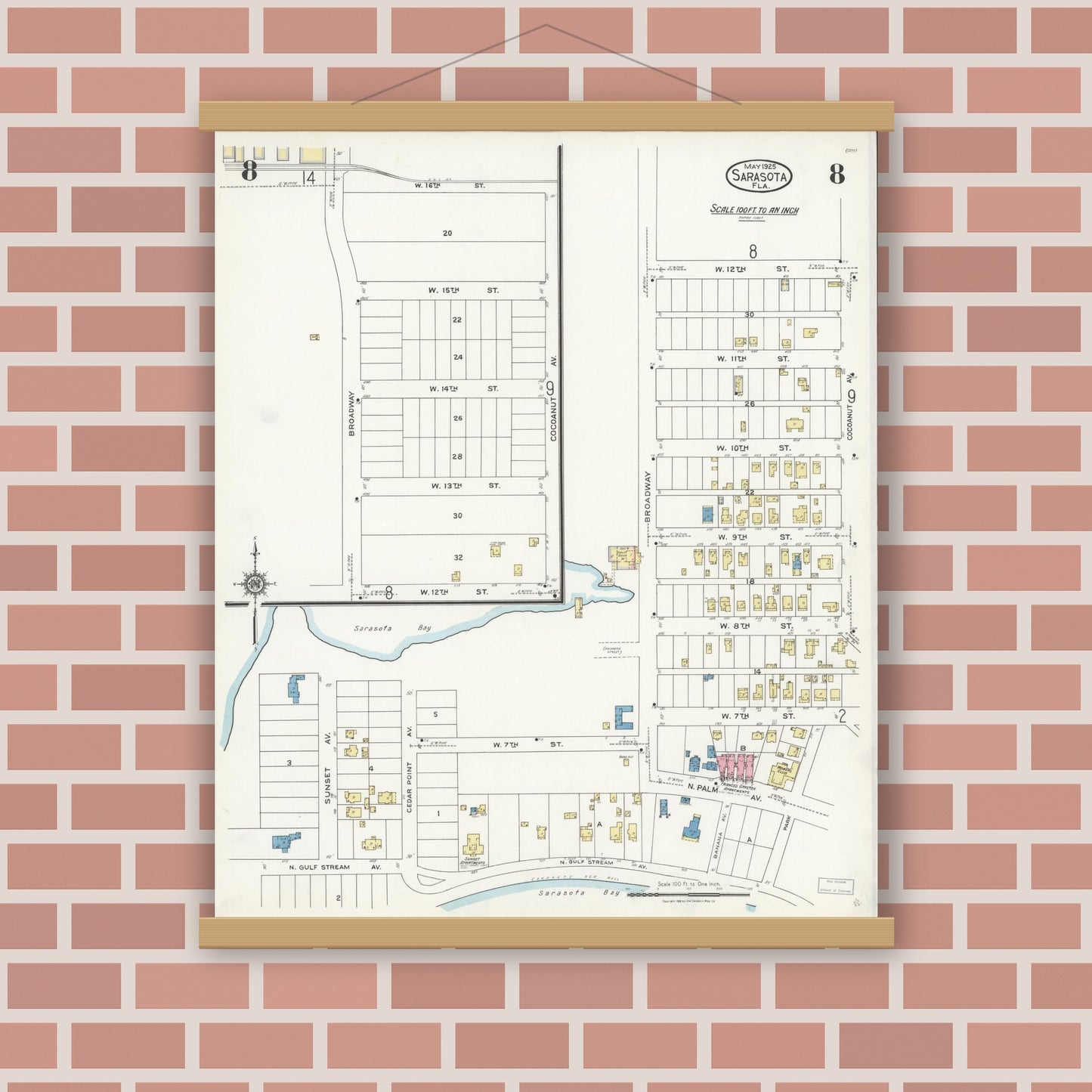 Old map wall art mockup — magnetic wood frame on brick wall — Sanborn Fire Insurance Map from Sarasota, Sarasota County, Florida (1925), Sheet #0008