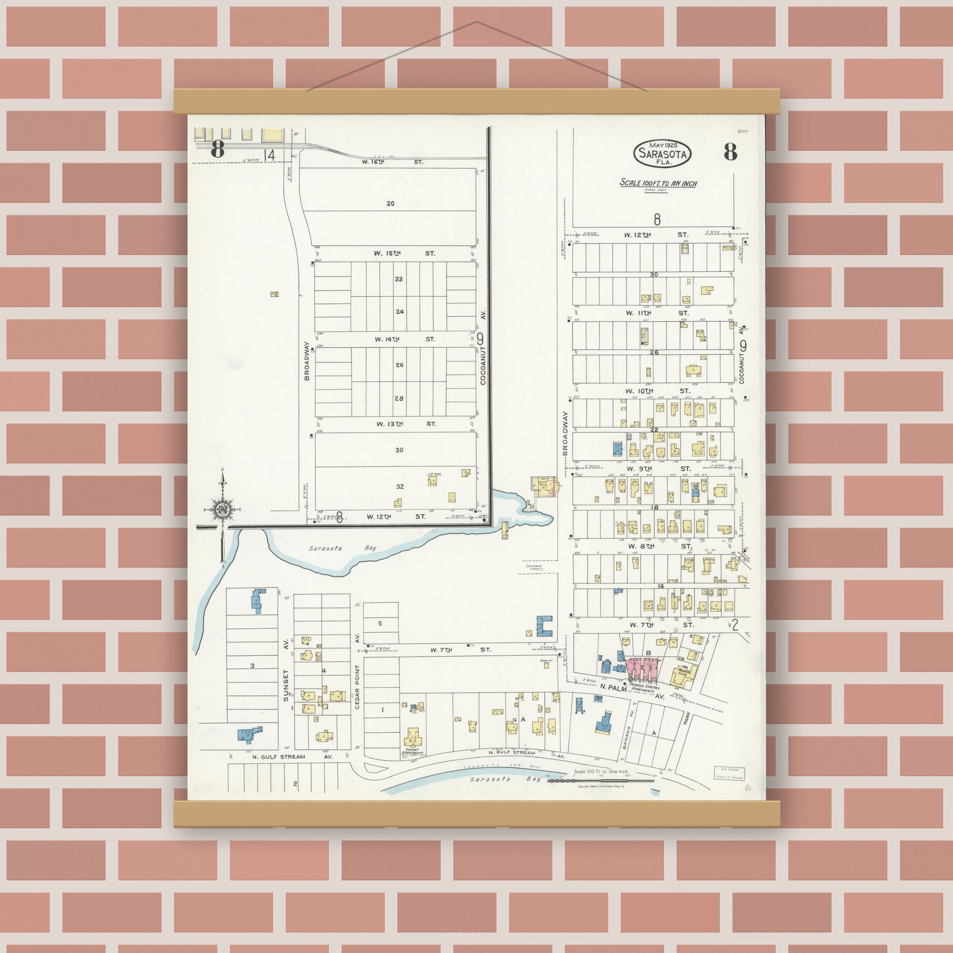 Old map wall art mockup — magnetic wood frame on brick wall — Sanborn Fire Insurance Map from Sarasota, Sarasota County, Florida (1925), Sheet #0008