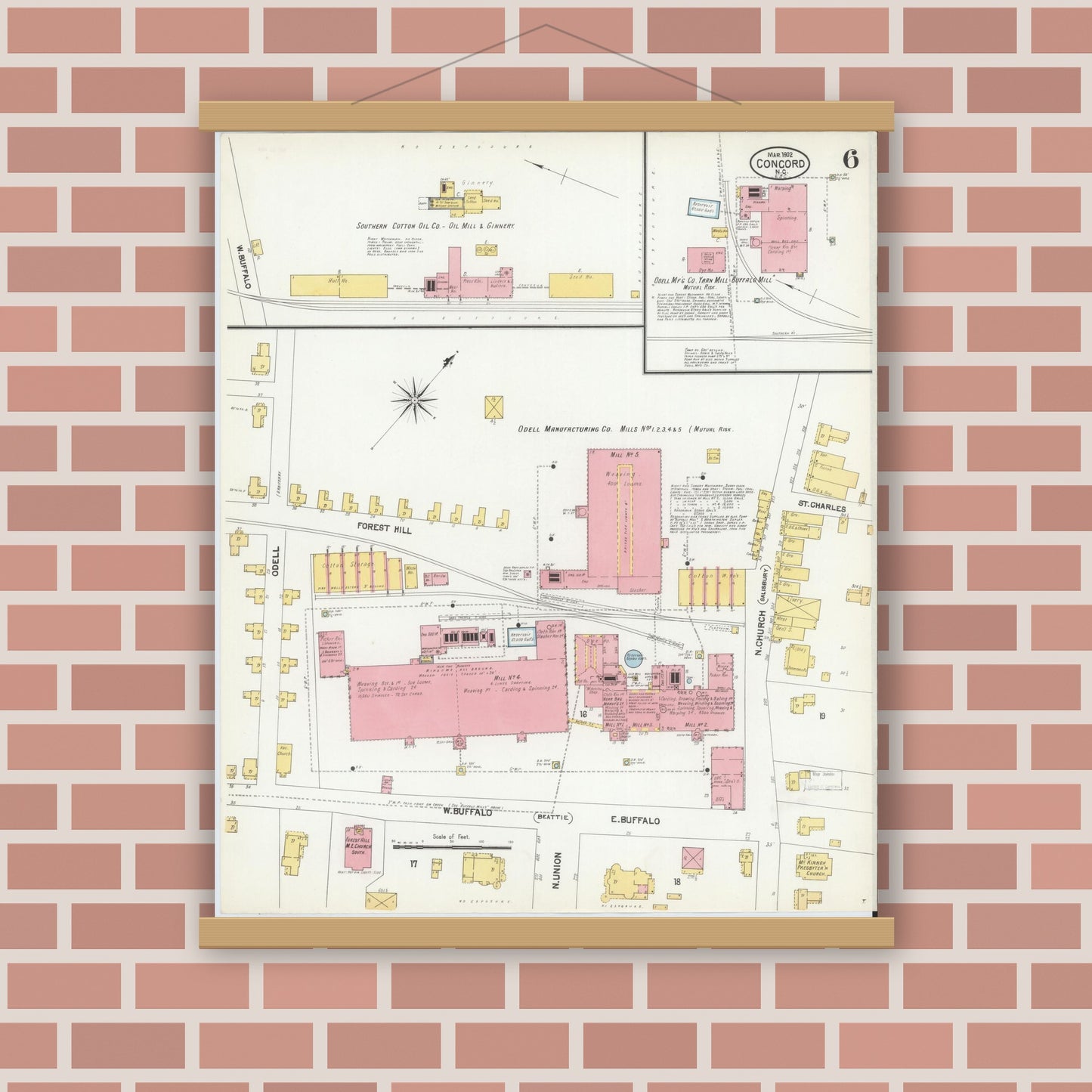 Old map wall art mockup — magnetic wood frame on brick wall — Sanborn Fire Insurance Map from Concord, Cabarrus County, North Carolina (1902), Sheet #0006