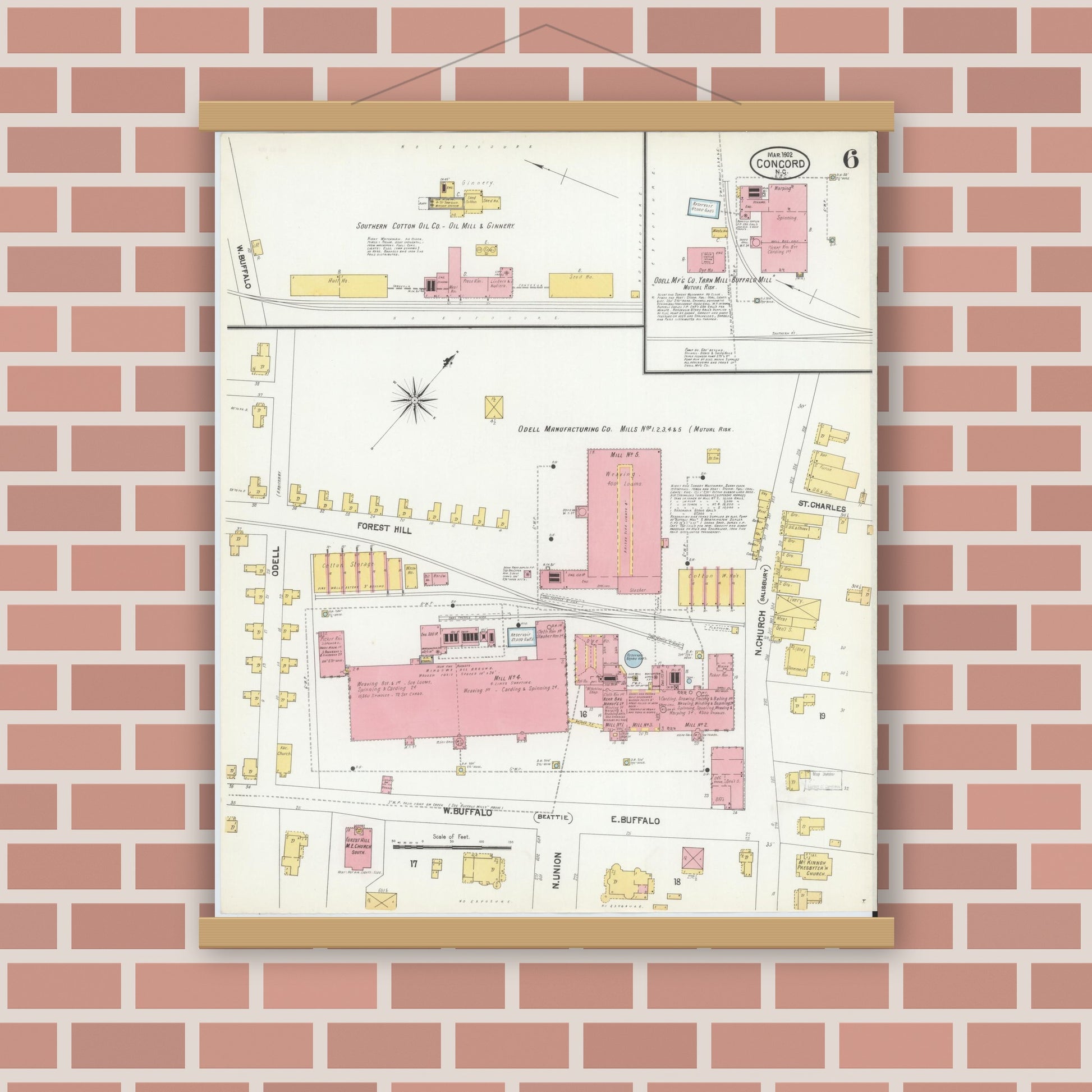 Old map wall art mockup — magnetic wood frame on brick wall — Sanborn Fire Insurance Map from Concord, Cabarrus County, North Carolina (1902), Sheet #0006