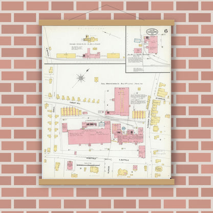 Old map wall art mockup — magnetic wood frame on brick wall — Sanborn Fire Insurance Map from Concord, Cabarrus County, North Carolina (1902), Sheet #0006