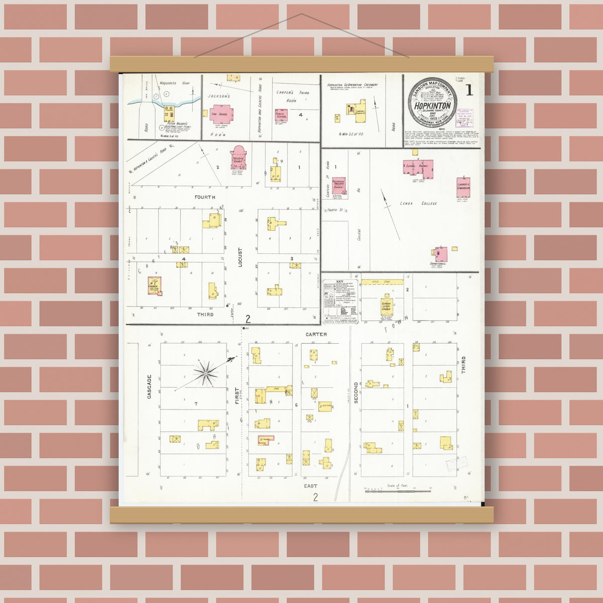 Old map wall art mockup — magnetic wood frame on brick wall — Sanborn Fire Insurance Map from Hopkinton, Delaware County, Iowa (1905) â€” Complete Set
