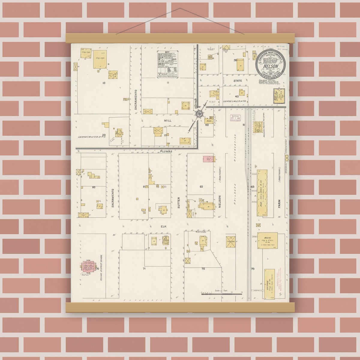 Old map wall art mockup — magnetic wood frame on brick wall — Sanborn Fire Insurance Map from Nelson, Butte County, California (1914), Sheet #0001