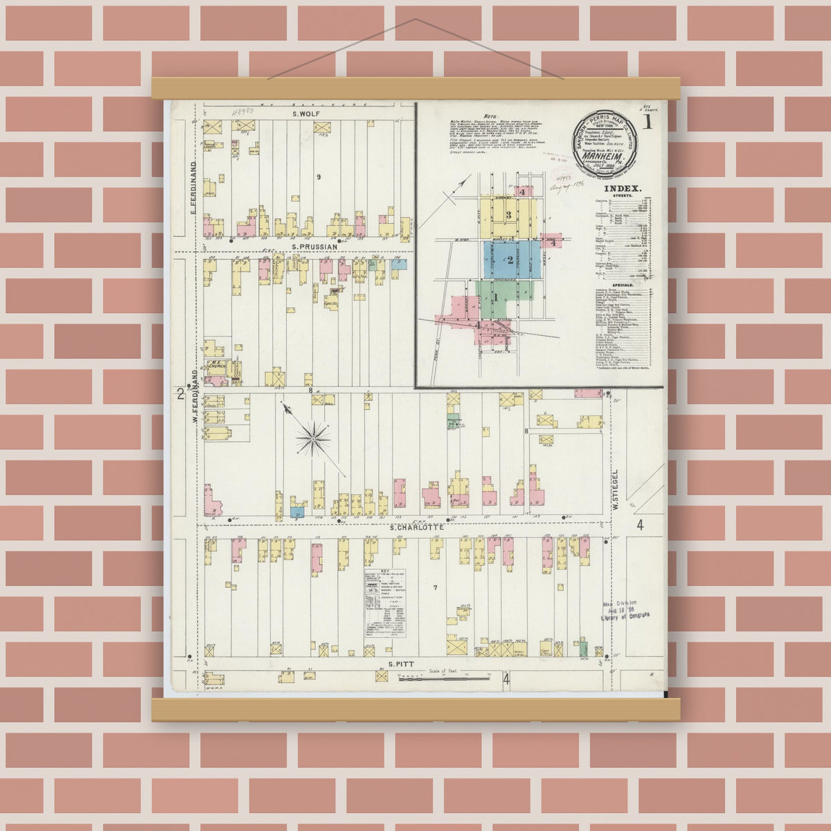 Old map wall art mockup — magnetic wood frame on brick wall — Sanborn Fire Insurance Map from Manheim, Lancaster County, Pennsylvania (1896) - Complete Map Set