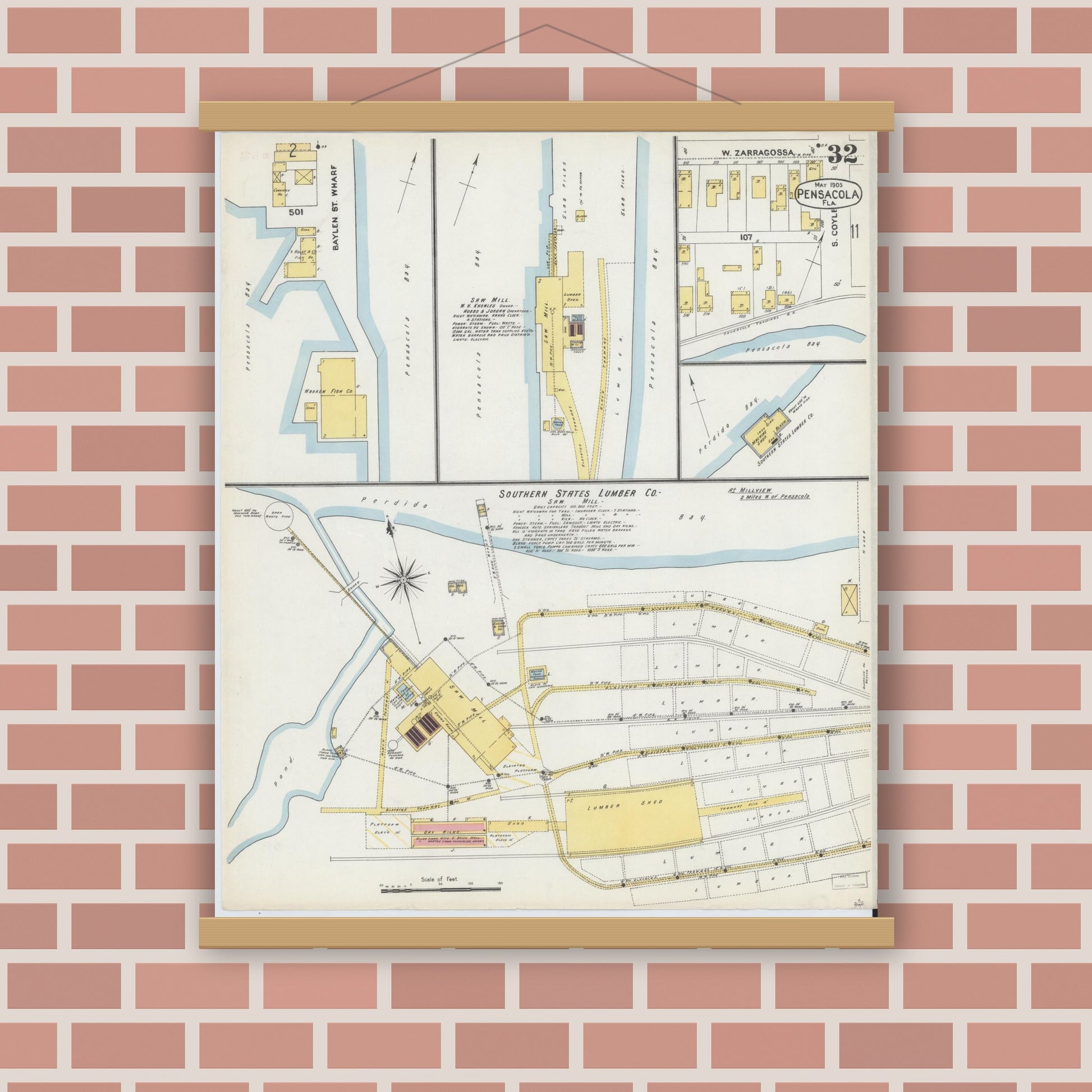 Old map wall art mockup — magnetic wood frame on brick wall — Sanborn Fire Insurance Map from Pensacola, Escambia County, Florida (1903), Sheet #0032