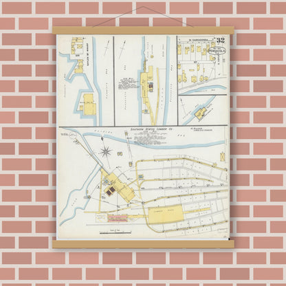 Old map wall art mockup — magnetic wood frame on brick wall — Sanborn Fire Insurance Map from Pensacola, Escambia County, Florida (1903), Sheet #0032