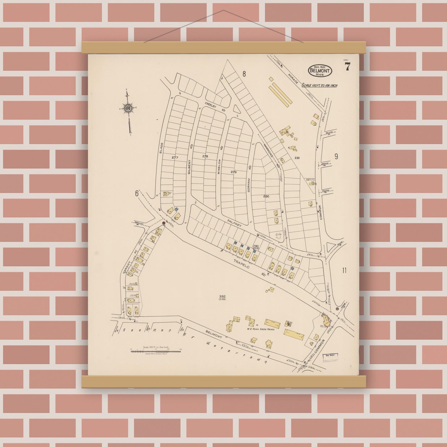 Old map wall art mockup — magnetic wood frame on brick wall — Sanborn Fire Insurance Map from Belmont, Middlesex County, Massachusetts (1922), Sheet #0007