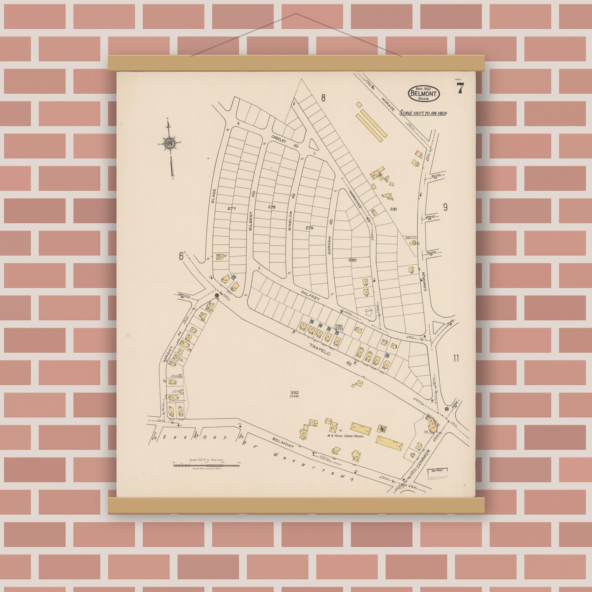 Old map wall art mockup — magnetic wood frame on brick wall — Sanborn Fire Insurance Map from Belmont, Middlesex County, Massachusetts (1922), Sheet #0007