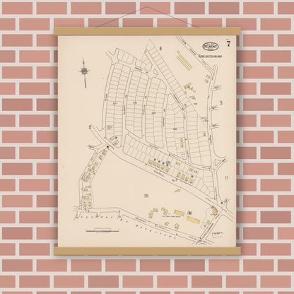 Old map wall art mockup — magnetic wood frame on brick wall — Sanborn Fire Insurance Map from Belmont, Middlesex County, Massachusetts (1922), Sheet #0007