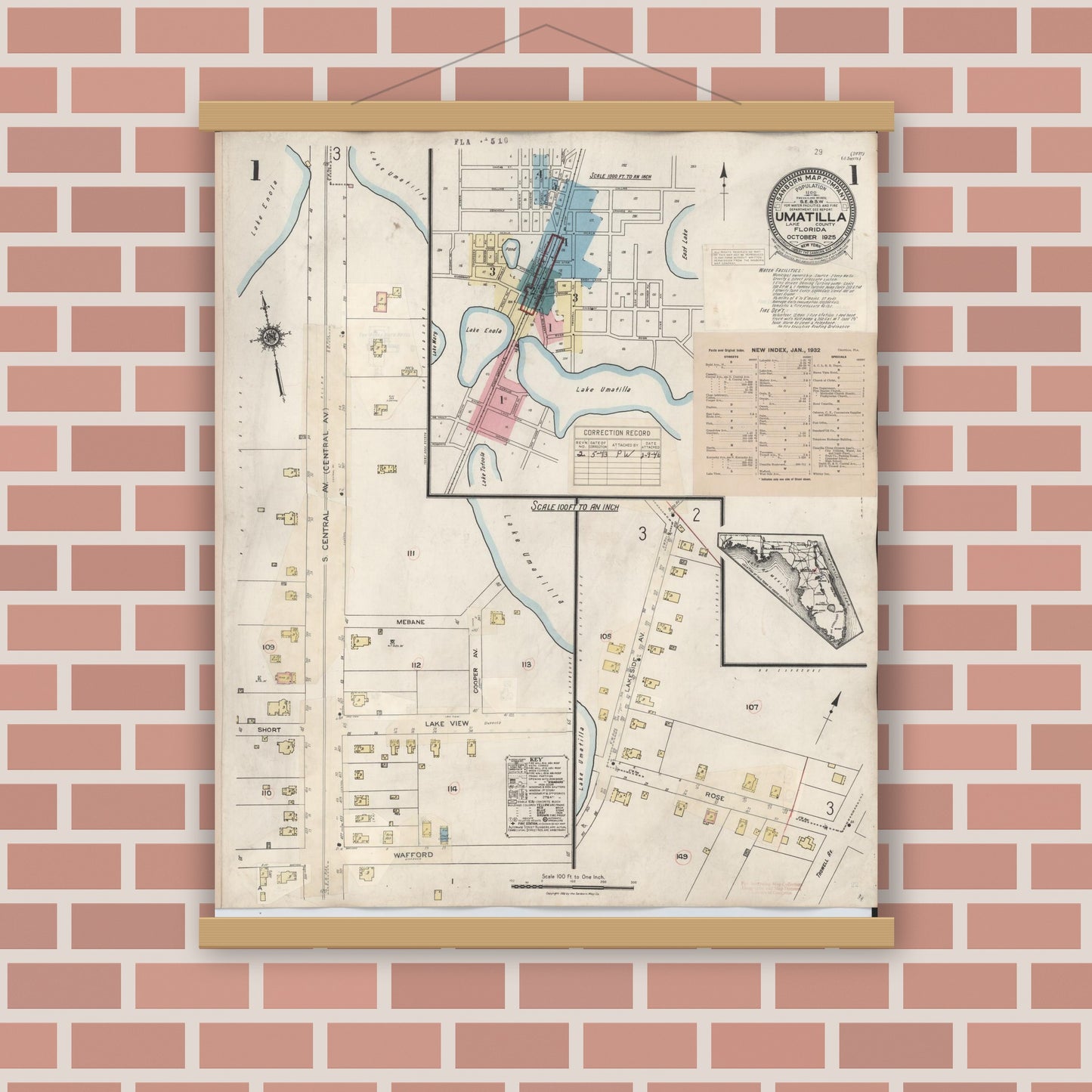 Old map wall art mockup — magnetic wood frame on brick wall — Sanborn Fire Insurance Map from Umatilla, Lake County, Florida (1943), Sheet #0001