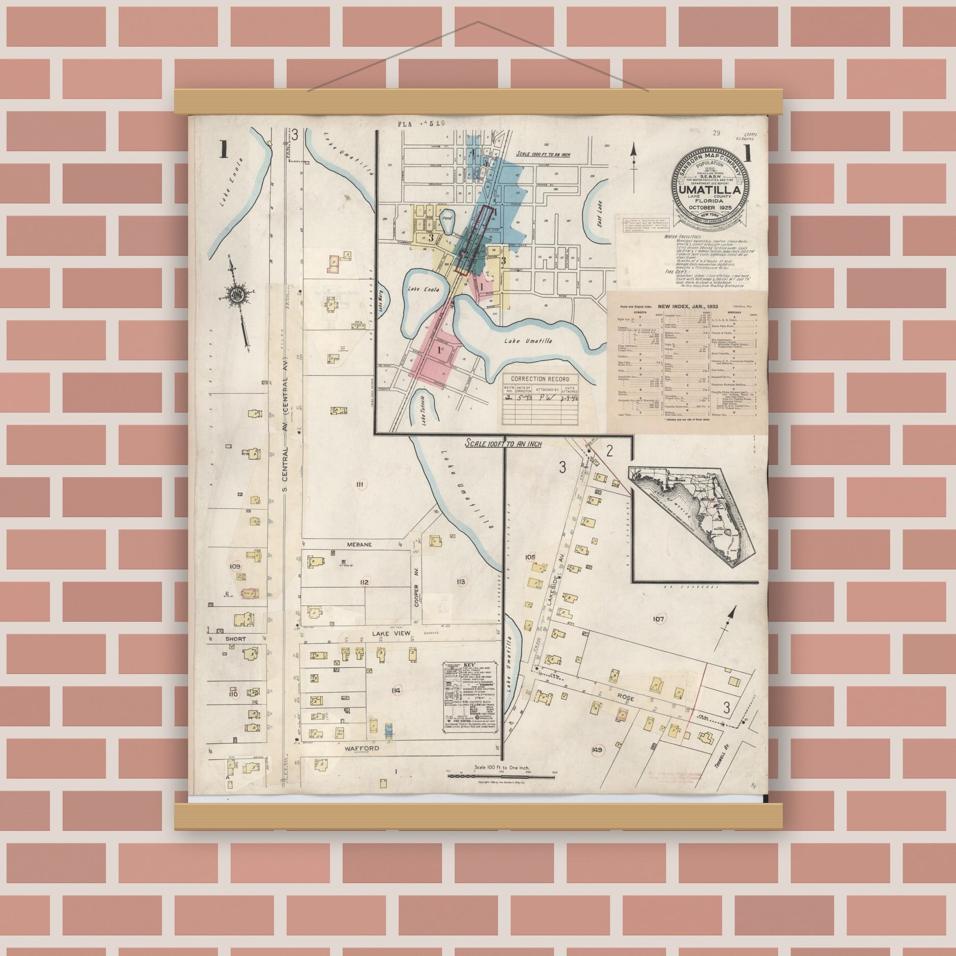 Old map wall art mockup — magnetic wood frame on brick wall — Sanborn Fire Insurance Map from Umatilla, Lake County, Florida (1943), Sheet #0001