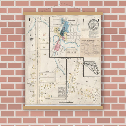 Old map wall art mockup — magnetic wood frame on brick wall — Sanborn Fire Insurance Map from Umatilla, Lake County, Florida (1943), Sheet #0001