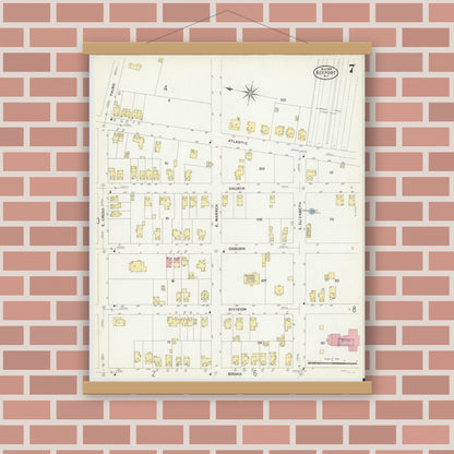 Old map wall art mockup — magnetic wood frame on brick wall — Sanborn Fire Insurance Map from Keyport, Monmouth County, New Jersey (1908), Sheet #0007