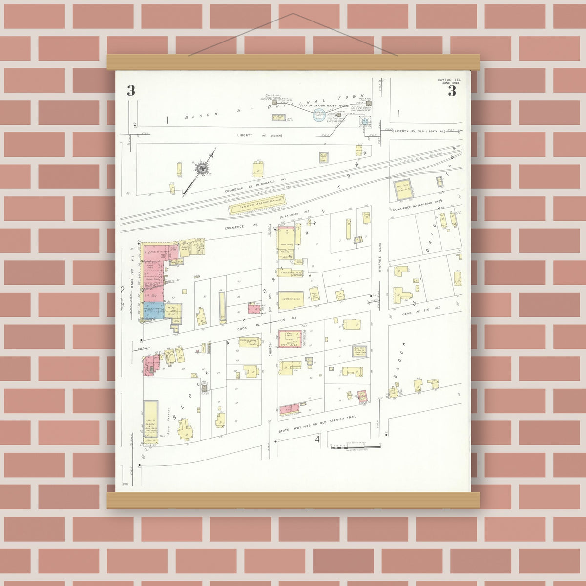 Old map wall art mockup — magnetic wood frame on brick wall — Sanborn Fire Insurance Map from Dayton, Liberty County, Texas (1943), Sheet #0003