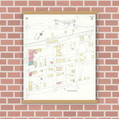 Old map wall art mockup — magnetic wood frame on brick wall — Sanborn Fire Insurance Map from Dayton, Liberty County, Texas (1943), Sheet #0003
