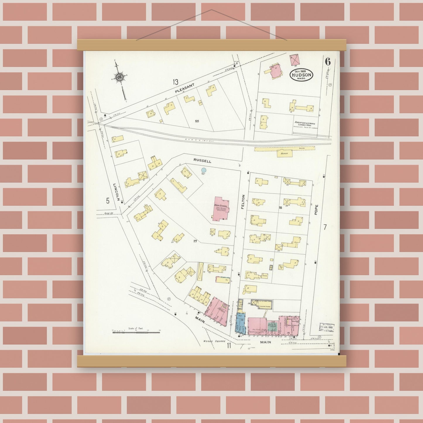 Old map wall art mockup — magnetic wood frame on brick wall — Sanborn Fire Insurance Map from Hudson, Middlesex County, Massachusetts (1909), Sheet #0006