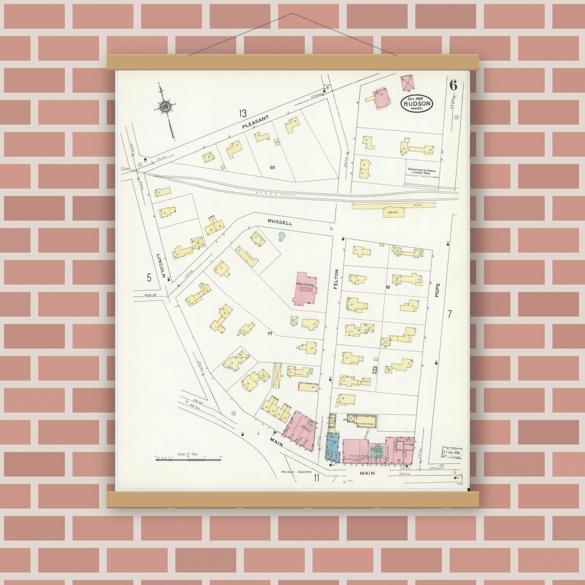 Old map wall art mockup — magnetic wood frame on brick wall — Sanborn Fire Insurance Map from Hudson, Middlesex County, Massachusetts (1909), Sheet #0006