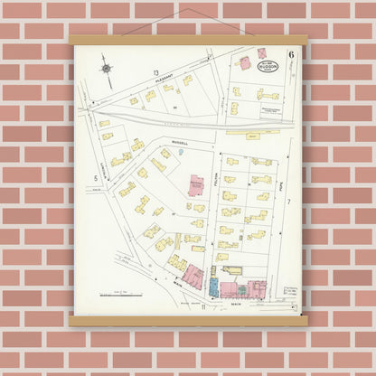 Old map wall art mockup — magnetic wood frame on brick wall — Sanborn Fire Insurance Map from Hudson, Middlesex County, Massachusetts (1909), Sheet #0006