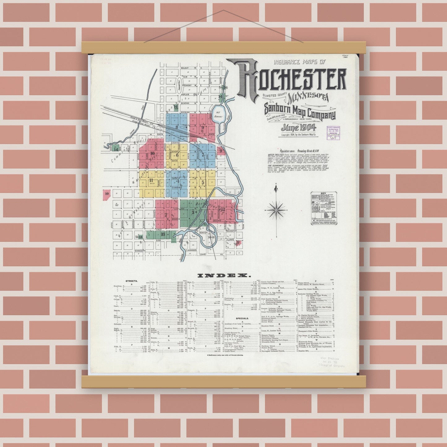 Old map wall art mockup — magnetic wood frame on brick wall — Sanborn Fire Insurance Map from Rochester, Olmsted County, Minnesota (1904) - Complete Map Set