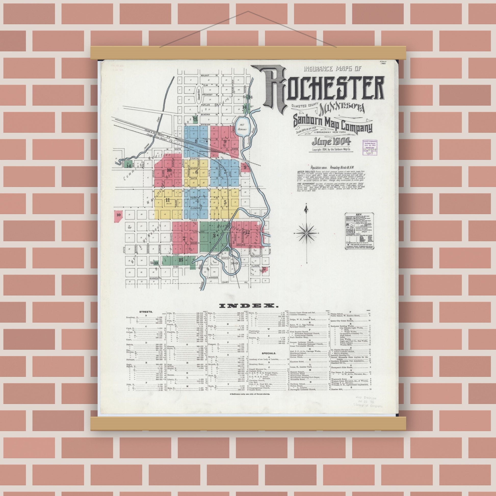 Old map wall art mockup — magnetic wood frame on brick wall — Sanborn Fire Insurance Map from Rochester, Olmsted County, Minnesota (1904) - Complete Map Set