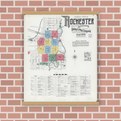 Old map wall art mockup — magnetic wood frame on brick wall — Sanborn Fire Insurance Map from Rochester, Olmsted County, Minnesota (1904) - Complete Map Set