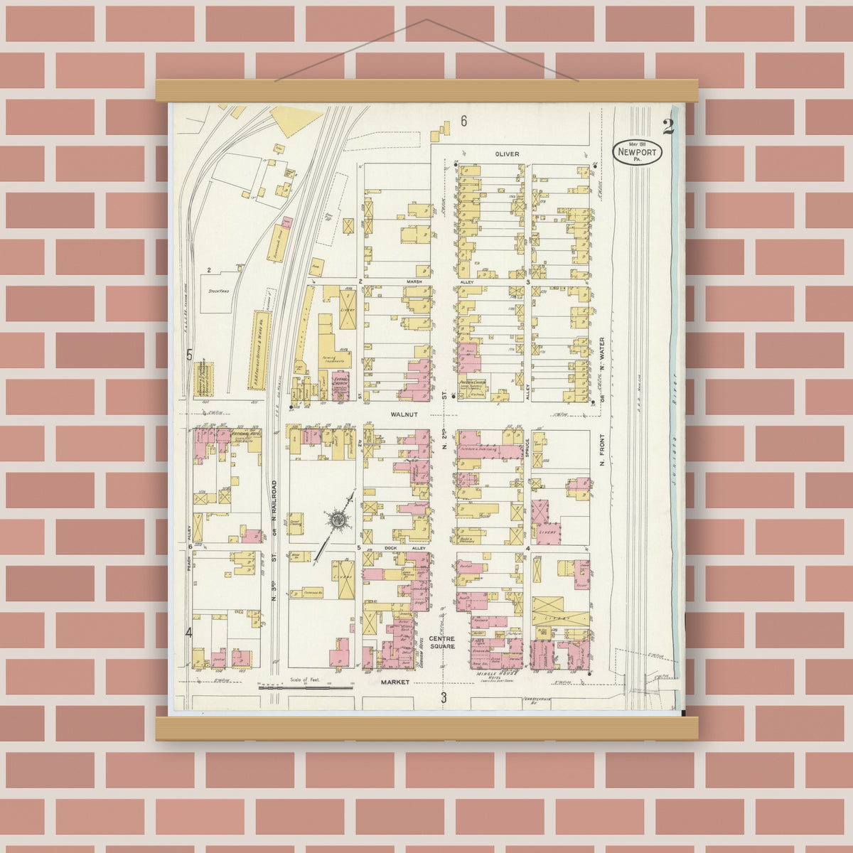 Old map wall art mockup — magnetic wood frame on brick wall — Sanborn Fire Insurance Map from Newport, Perry County, Pennsylvania (1911), Sheet #0002