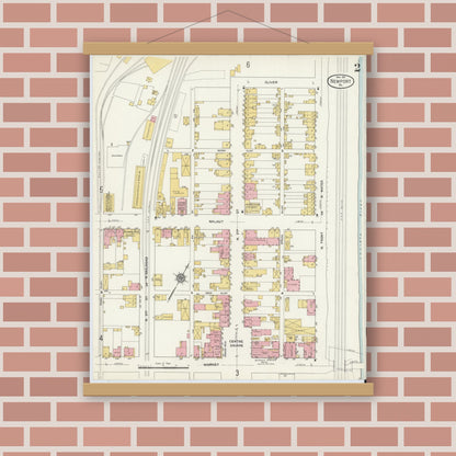 Old map wall art mockup — magnetic wood frame on brick wall — Sanborn Fire Insurance Map from Newport, Perry County, Pennsylvania (1911), Sheet #0002