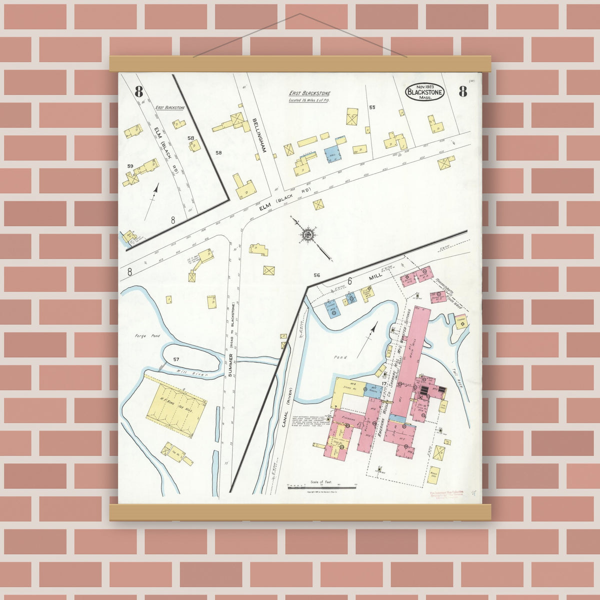 Old map wall art mockup — magnetic wood frame on brick wall — Sanborn Fire Insurance Map from Blackstone, Worcester County, Massachusetts (1923), Sheet #0008
