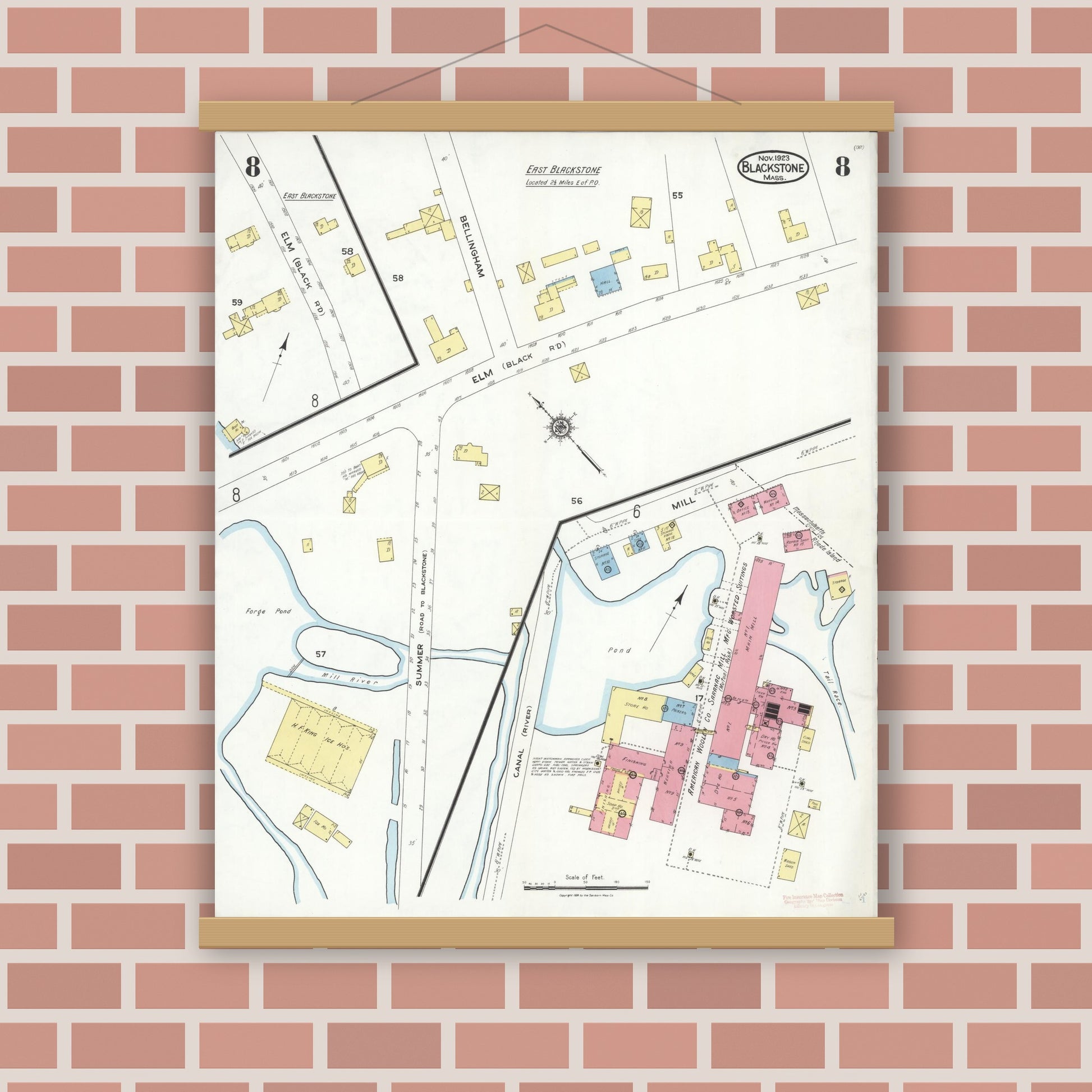 Old map wall art mockup — magnetic wood frame on brick wall — Sanborn Fire Insurance Map from Blackstone, Worcester County, Massachusetts (1923), Sheet #0008