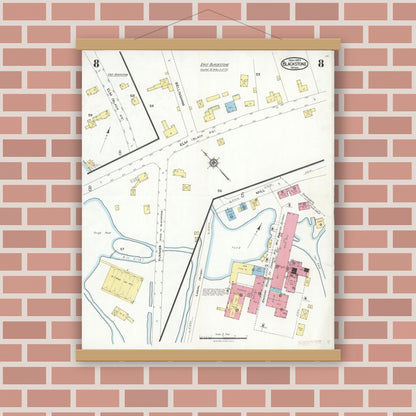 Old map wall art mockup — magnetic wood frame on brick wall — Sanborn Fire Insurance Map from Blackstone, Worcester County, Massachusetts (1923), Sheet #0008