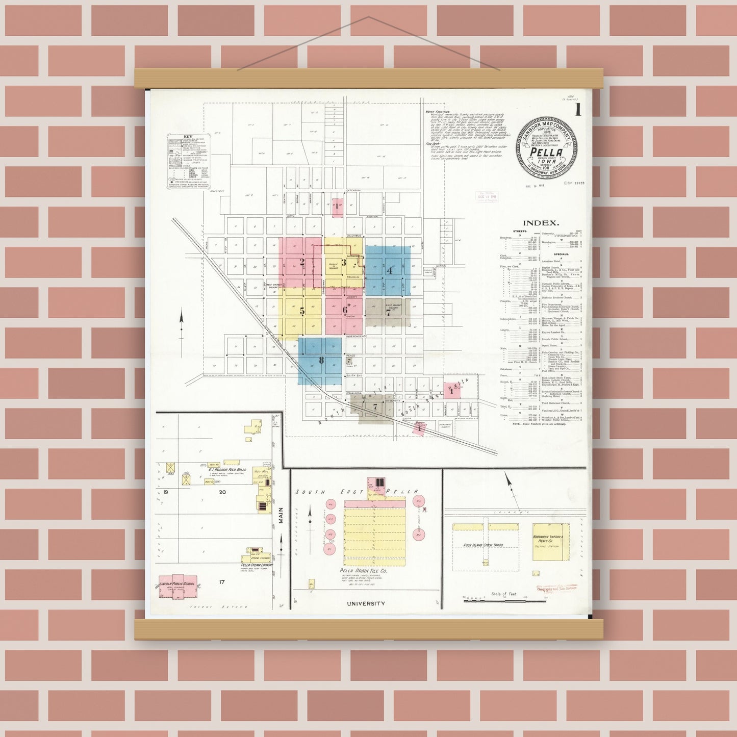 Old map wall art mockup — magnetic wood frame on brick wall — Sanborn Fire Insurance Map from Pella, Marion County, Iowa (1911), Sheet #0001